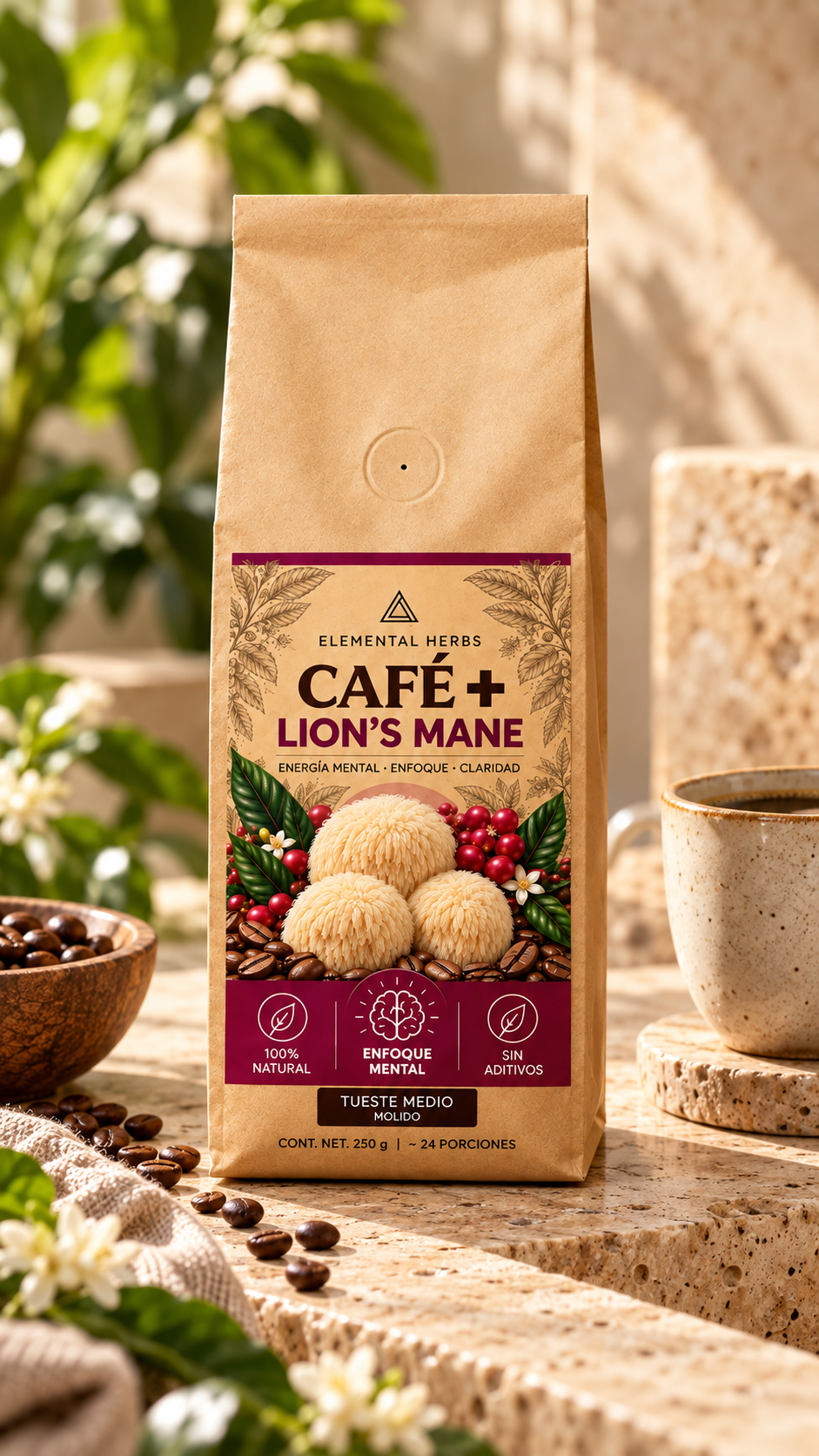 Café + Lion’s Mane de Elemental Herbs junto a una taza de café en un ambiente iluminado.