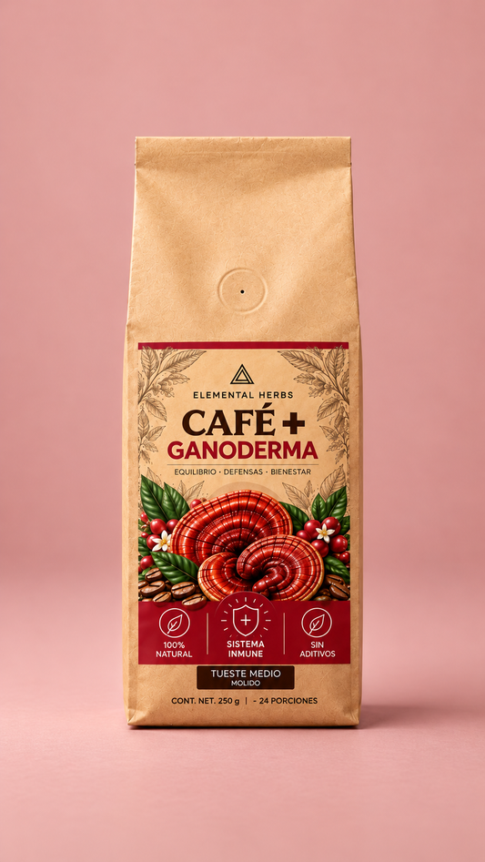 Empaque de Café + Ganoderma de Elemental Herbs, 250 g, sobre fondo rosado.