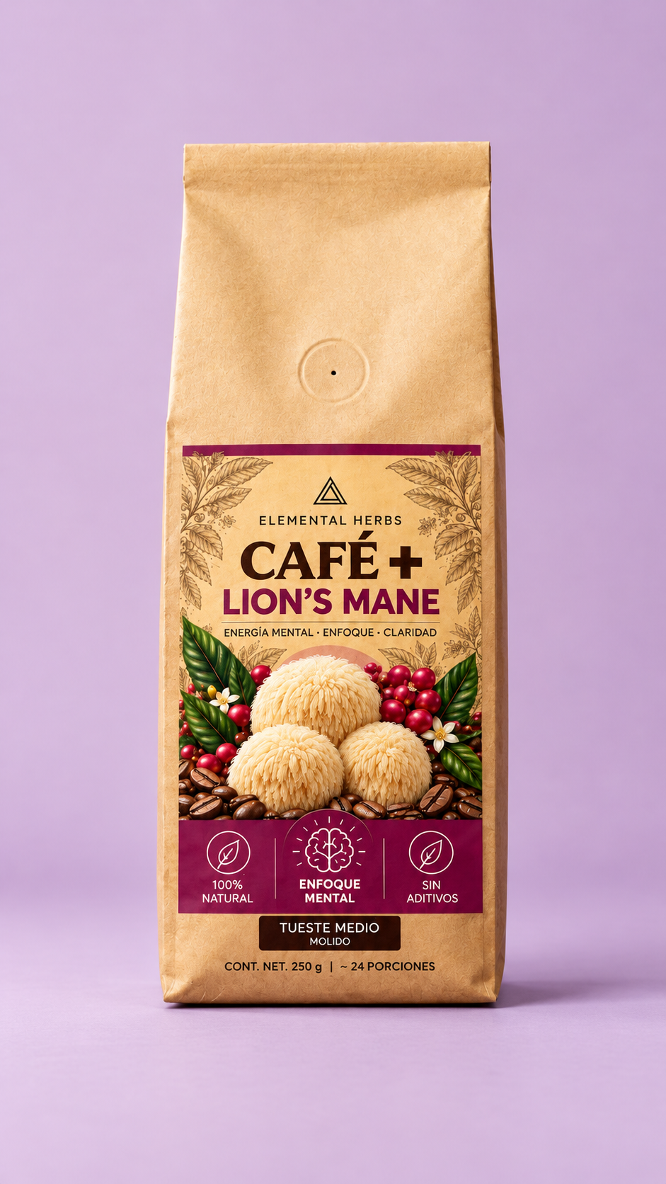 Empaque de Café + Lion’s Mane de Elemental Herbs, 250 g, sobre fondo lila.