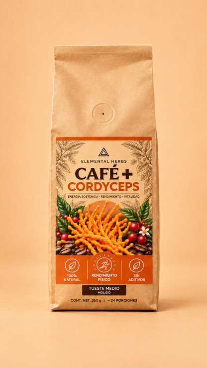 Empaque de Café + Cordyceps de Elemental Herbs, 250 g, sobre fondo liso.