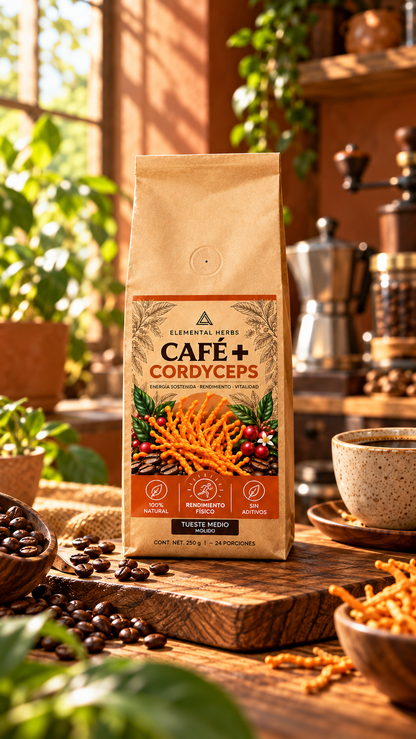 Café + Cordyceps de Elemental Herbs junto a una taza de café en un ambiente cálido.