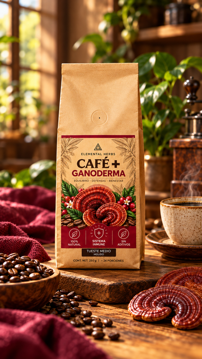 Café + Ganoderma de Elemental Herbs junto a una taza de café en un ambiente cálido.